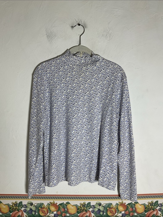 Leon Levin Tops - Vintage Leon Levin Micro Floral Mock Neck Zipper Top Size L Purple Off White